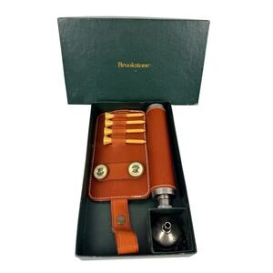 Brookstone Leather Golf Accessory Set Flask Tees Divot Tool Gift Boxed - BE